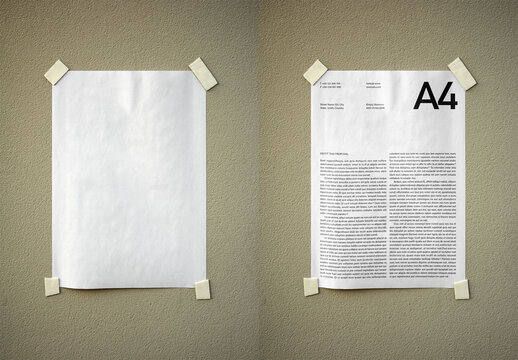 Mockup Of Customizable A4 Paper Taped To Wall