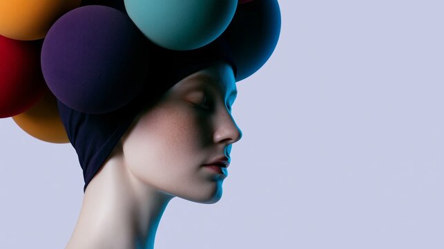 Female mannequin face in profile with eyes closed, wearing a futuristic headpiece of colorful fuzzy spheres, representing creativity and thought
