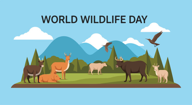 World Wildlife Day illustration with animals and landscape