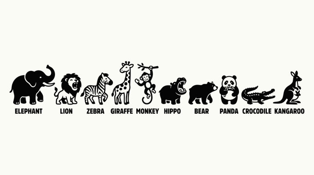 Minimalist Black Silhouette Wild Zoo Animals Border Collection