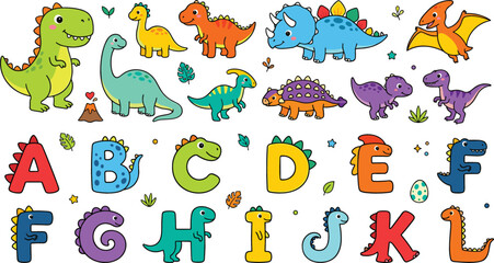 Cute dinosaur cartoon character alphabet set with funny dinos triceratops raptor pterodactyl abc stickers education elements © Sukhi