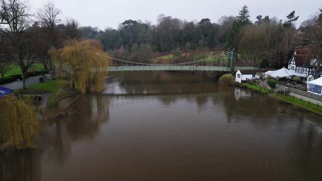 Victorian Suspension Footbridge and Tudor House on River Severn, Shrewsbury