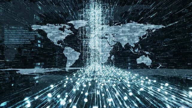 A digital world map with glowing data streams and grids, symbolizing global communication, technological interconnection, and the dynamic flow of information across networks.