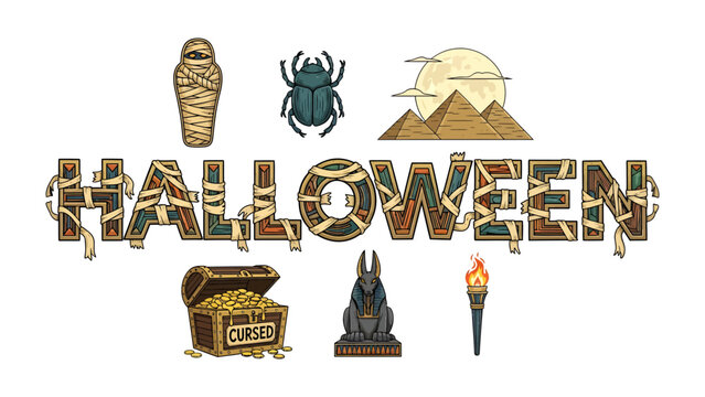 Ancient Egyptian Halloween Elements: A stylized word HALLOWEEN decorated with mummy wrappings, surrounded by Egyptian motifs including a scarab beetle, pyramids, a treasure chest, an Anubis statue.