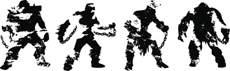 Fototapeta premium Silhouettes of four fantasy warrior characters with weapons in dynamic poses