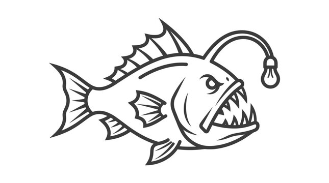 Detailed deep sea anglerfish outline illustration.