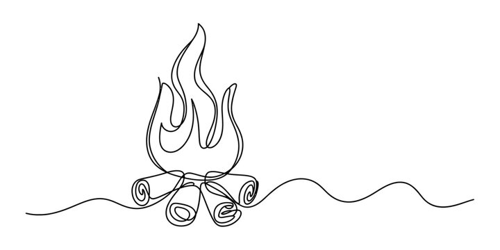A single continuous line drawing of a burning campfire with flames and wood logs created in a minimalist style for simple graphic design elements and art Vector, illustration