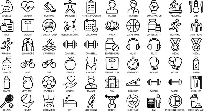 Fitness and Gym Workout Line Icon Set with Healthy Diet Sports and Weight Loss Symbols for Vector Designs