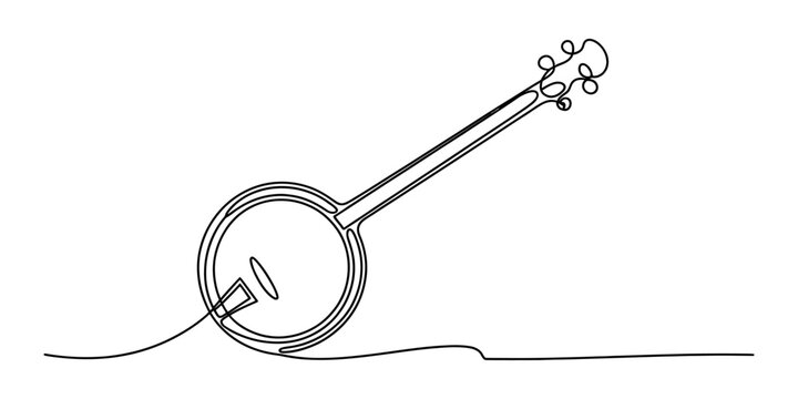 Continuous single line drawing of a musical banjo instrument with a classic round body and long neck for folk and country music artistic design projects Vector, illustration
