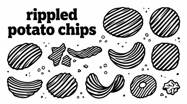 Pile of crispy ripple potato chips vector collection, snack food illustration isolated for party, picnic, fast food, restaurant menu, and packaging design. Black and white sketch