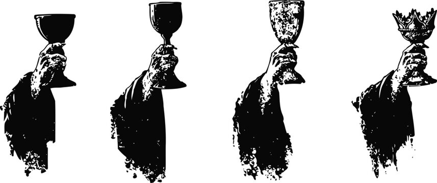black and white silhouette of hands holding four different wine glasses in a row
