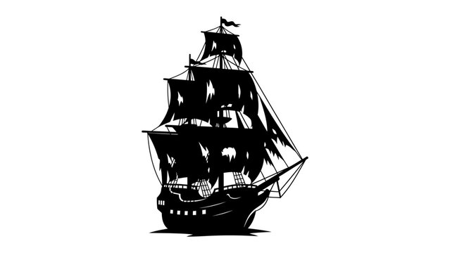 Pirate Ship Silhouette: A menacing pirate ship, rendered in stark silhouette, sails through the dark sea, its tattered sails and imposing structure evoking a sense of adventure and danger.