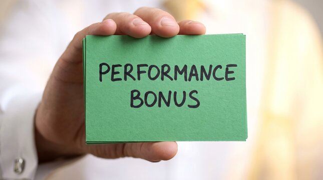 Hand Holding Performance Bonus Handwritten Green Card Blur