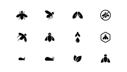 Obraz premium Collection of bee leaf and droplet silhouettes against a white background silhouette insect flies leaves foliage water hexagon nature organic