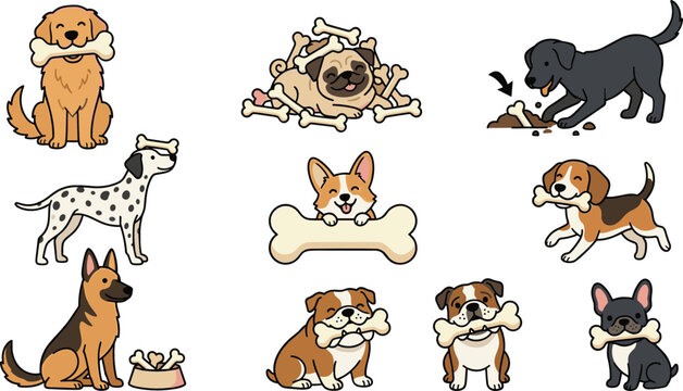 Cute dog breeds cartoon sticker set featuring puppies playing chewing and holding big bones vector collection