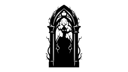 Gothic Doorway Silhouette: An eerie, silhouetted figure resembling a forest spirit or deity stands within a gothic, arched doorway, adorned with thorny vines and mystical symbols, hinting at ancient. © mahmuda428