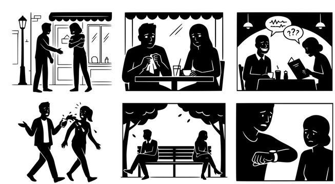 Black and white vector illustration set showing social awkwardness and difficult communication situations in public settings