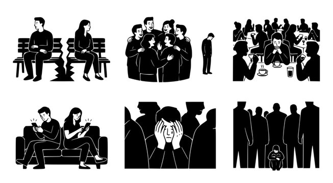 Black and white vector silhouettes showing social isolation and emotional distress in various group and individual settings