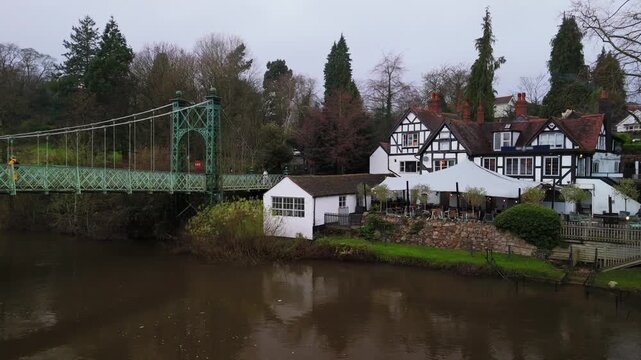 Victorian Suspension Footbridge and Tudor House on River Severn, Shrewsbury