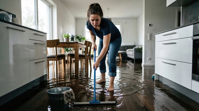 Woman cleaning water from flooded floor in kitchen. Housewife using squeegee to remove liquid after home plumbing leak. Disaster recovery and water damage restoration at residence.