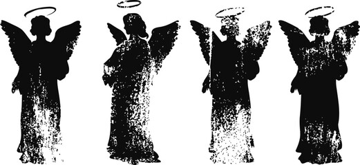 Obraz premium four black grunge angel silhouettes with halos and wings in various poses