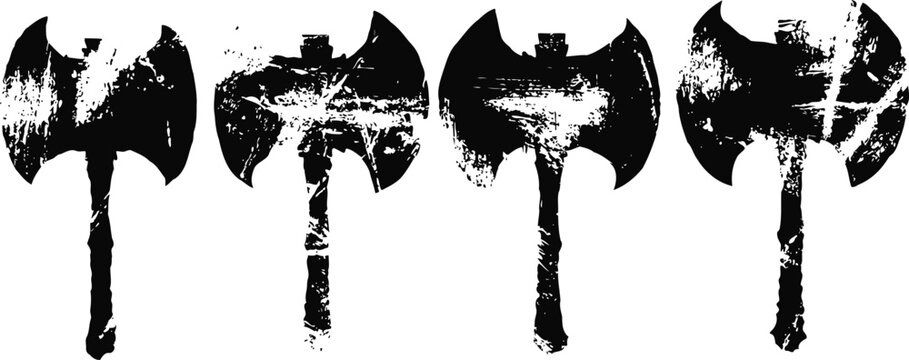 Grunge double headed battle axes silhouette set with distressed texture and rough edges