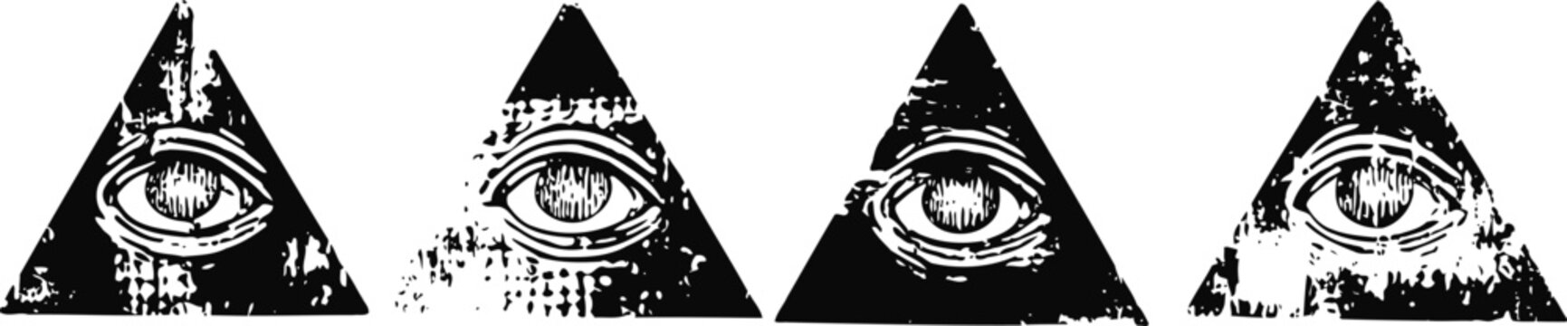 grunge all seeing eye in triangle symbol set illuminati inspired design with distressed texture