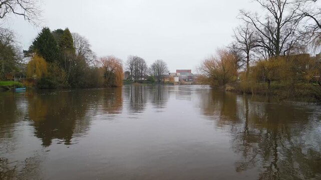 Victorian Suspension Footbridge and Tudor House on River Severn, Shrewsbury