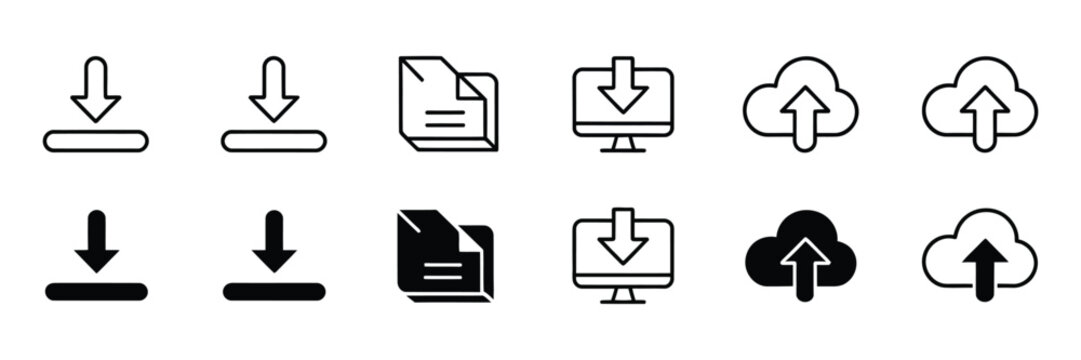 Download and upload icon set featuring file, folder, link, cloud and arrow symbols for data transfer, storage and digital interface design, vector, designs