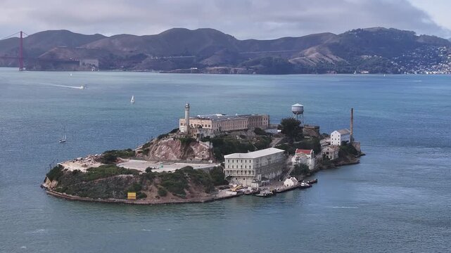 Aerial view of cityscape of Alcatraz Island in San Francisco downtown, California, USA