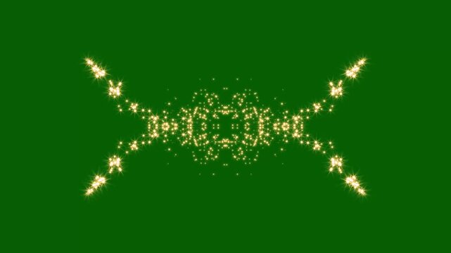 Shining abstract gold particle streams flying from four sides on chroma key green background, beautiful wedding or Christmas glittery decoration element, fantasy fairy tale wizard spell effect