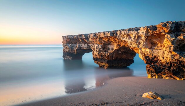 Coastal natural rock bridge arch over a calm sea at sunrise with long exposure water
