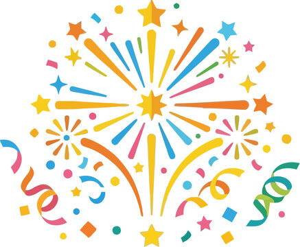 Vibrant Celebration badge minimal design explodes with colorful fireworks and ribbons