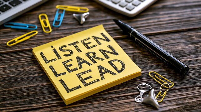 Sticky note featuring listen learn lead text sits on wooden table with a pen and various paper clips set.