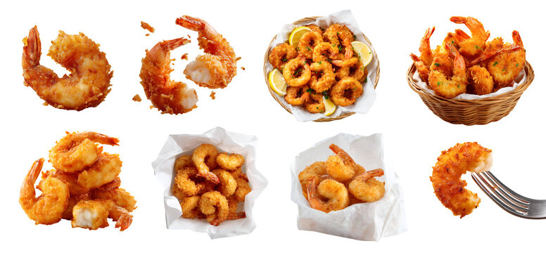 Set of golden fried shrimp prawn ebi, battered breaded crispy crunchy, on fork, rattan basket with napkin, takeout paper bag, stack pile broken bitten, transparent cutout PNG. Many different mockup