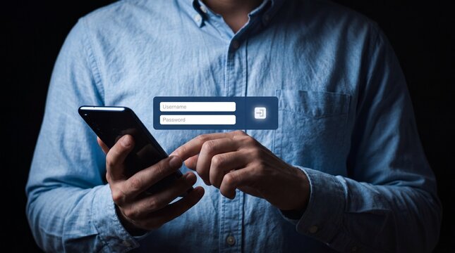 Man accessing digital account on smartphone displaying login screen with username and password fields for secure mobile identity authentication in a professional setting