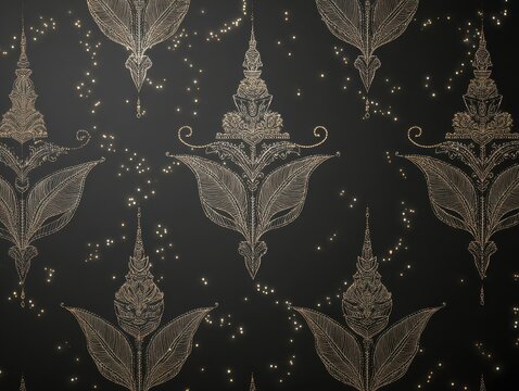 Elegant seamless Balinese pattern featuring temple motifs and golden accents, creating a serene, harmonious atmosphere for your decor.