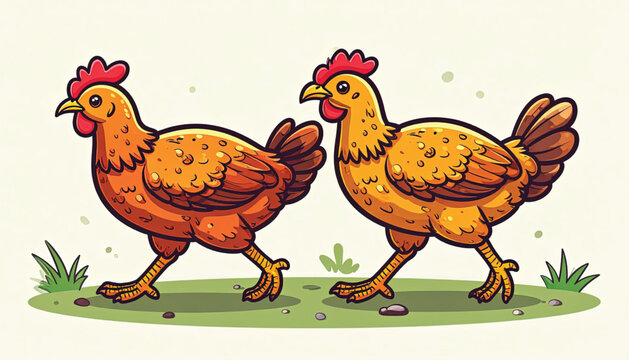 Two cartoon chickens walking together outside.