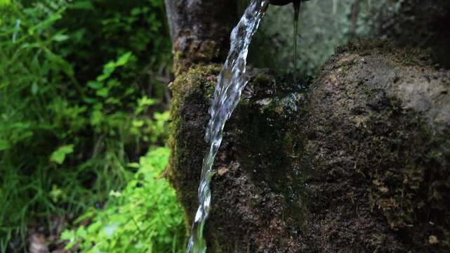 Cinematic slow motion close-up of crystal clear spring water flowing over a moss-covered rock in a lush forest. Fresh water, vibrant greenery, and natural textures create a peaceful atmosphere 