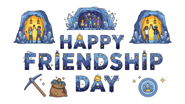 Happy Friendship Day: A vibrant illustration celebrating friendship with glowing crystals, mining elements, and joyful figures, conveying a message of camaraderie and shared adventure.