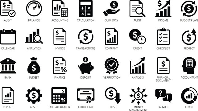 Financial Accounting and Corporate Banking Solid Icon Set with Business Analytics Data and Money Management Vector Designs