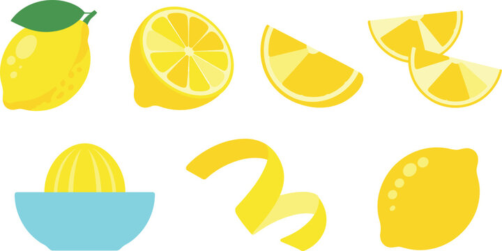 Flat Style Fresh Lemon Fruit Vector Set Featuring Whole Half Sliced Peeled And Juicer Squeezed Lemon In Bright Yellow Color For Food Beverage And Citrus Design