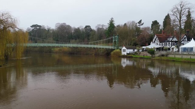 Victorian Suspension Footbridge and Tudor House on River Severn, Shrewsbury