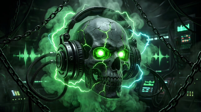 Dark futuristic skull wearing headphones with neon energy, smoke, chains and abstract sound waves for music visuals. AI Generated.