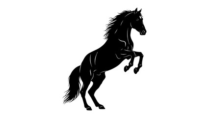 Powerful Black Stallion: A majestic black stallion rears up on its hind legs, mane and tail flowing dramatically, exuding strength and untamed spirit. © mahmuda428