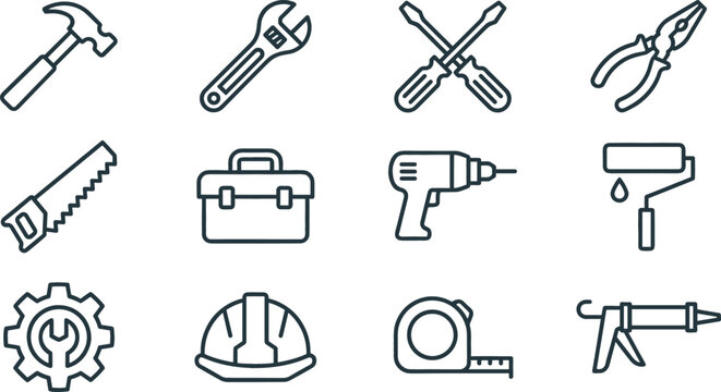 Construction hand tools line icon set featuring hammer wrench screwdrivers drill saw toolbox and renovation equipment vectors