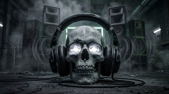 Dark futuristic skull wearing headphones with neon energy, smoke, chains and abstract sound waves for music visuals. AI Generated.