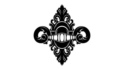 Vintage Crest Illustration: A striking black and white illustration features an ornate crest, combining gothic flourishes with a central element resembling a row of teeth. © Murshida