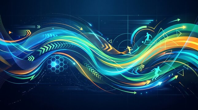 Dynamic abstract sports background with flowing light trails, soccer player silhouettes, and futuristic digital elements representing speed and energy