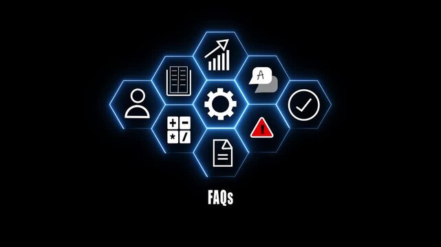 Fa qs concept animation with glowing hexagon and business symbols for customer support and help desk solutions